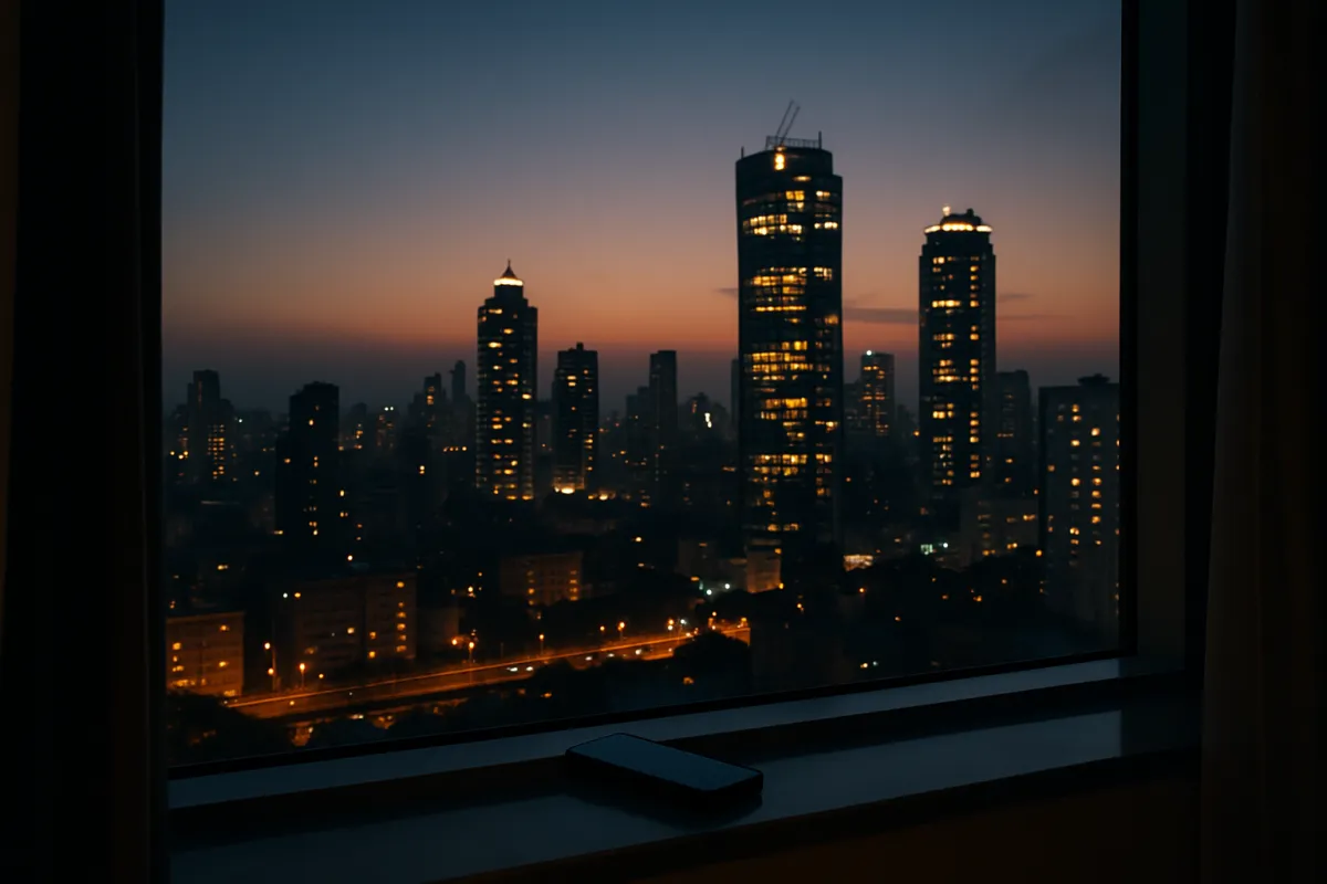 Evening Mumbai skyline seen from a hotel window